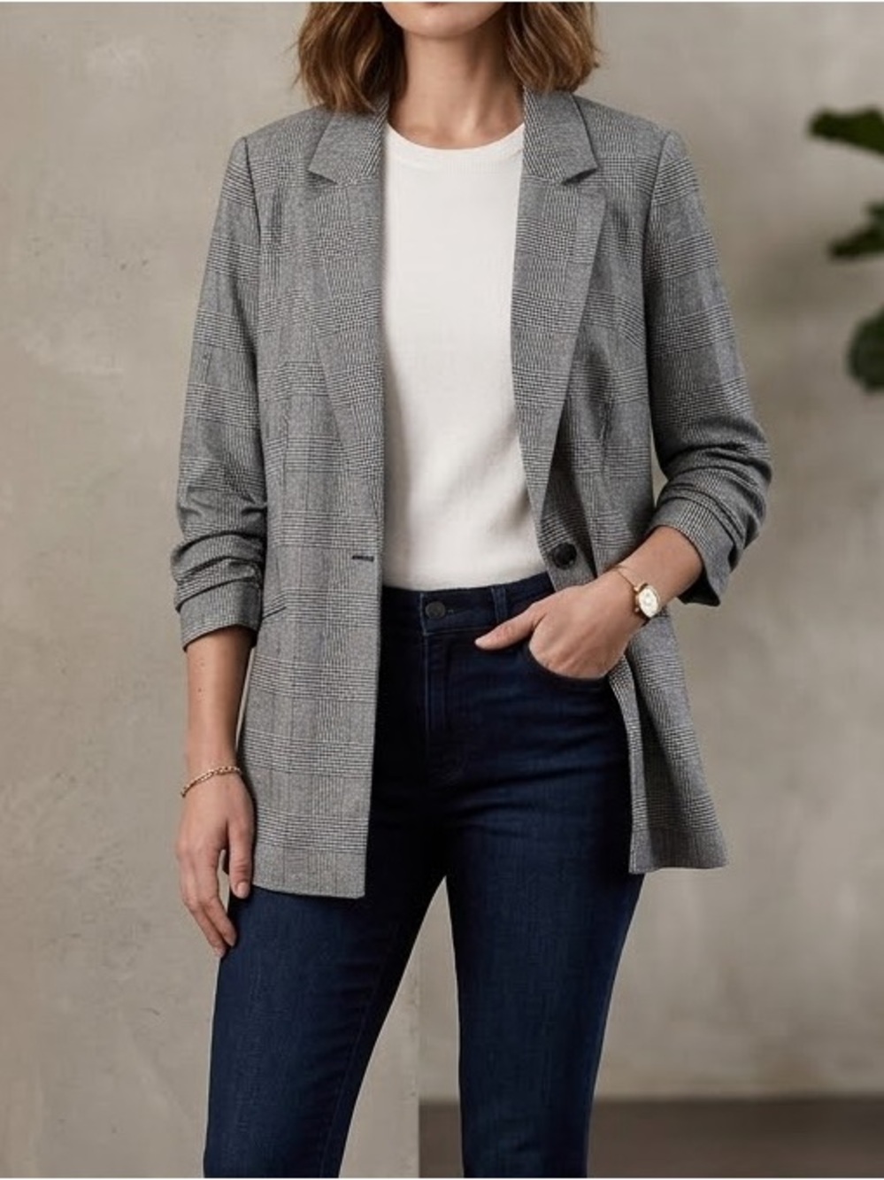 Laura Plaid Ruched Sleeve Blazer